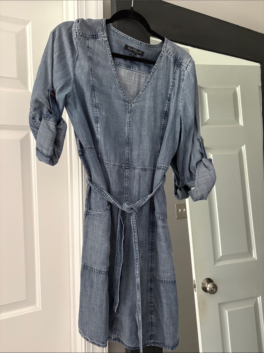 Velvet heart Chambray Blue Midi Dress with Tie Waist